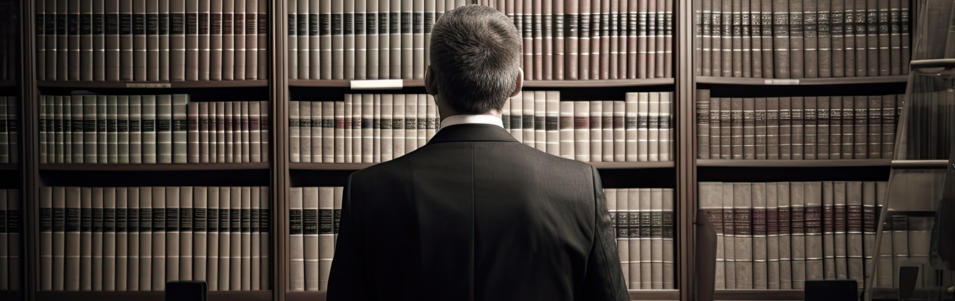 Rear view of a businessman standing in front of bookshelves,  Male lawyer full rear view in front of a low book library, Ai Generated